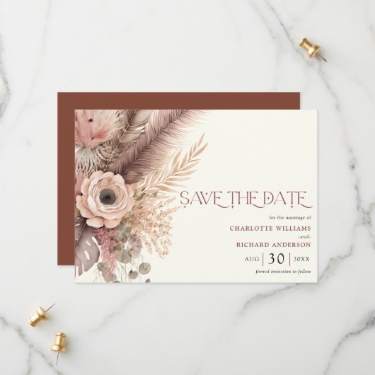 Boho Pampas Grass Wedding Save the Date Kaart (Voorkant / Achterkant in situ)