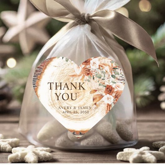 Boho Pampas Grass Wedding Wood Slice Thank You Hart Sticker