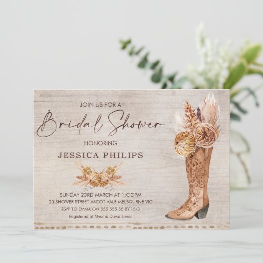 Boho Pampas Grass Western Boot Vrijgezellenfeest Kaart (Staand voorkant)