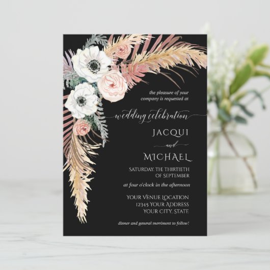 Boho Pampas Grass White Blush Bloemen Palm Kaart (Staand voorkant)