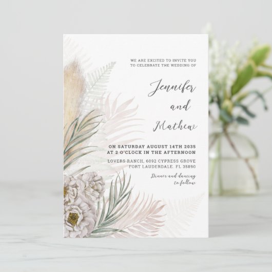 Boho Pampas Grass & White Floral Wedding Kaart (Staand voorkant)