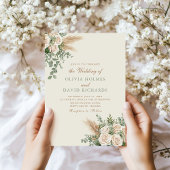Boho Pampas Grass & White Rose Huwelijksuitnodigin Kaart