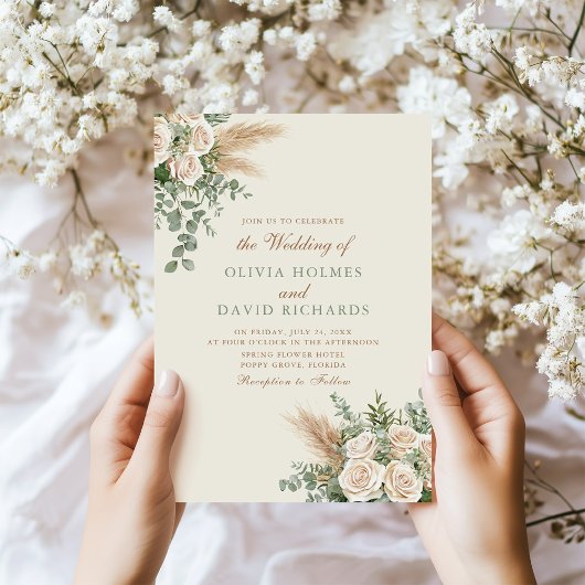 Boho Pampas Grass & White Rose Huwelijksuitnodigin Kaart