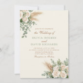 Boho Pampas Grass & White Rose Huwelijksuitnodigin Kaart (Voorkant)