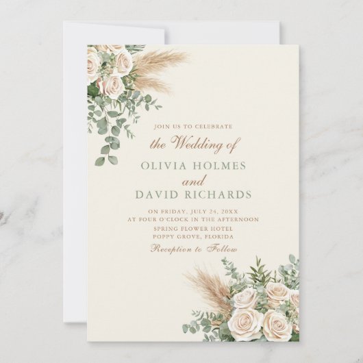 Boho Pampas Grass & White Rose Huwelijksuitnodigin Kaart (Voorkant)