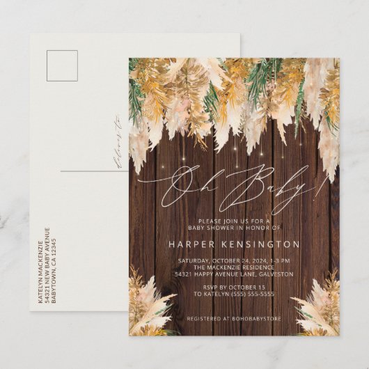 Boho Pampas Grass Wood Twinkle Licht Baby shower Uitnodiging Briefkaart (Voorkant / Achterkant)