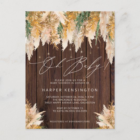 Boho Pampas Grass Wood Twinkle Licht Baby shower Uitnodiging Briefkaart (Voorkant)
