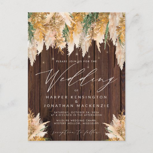 Boho Pampas Grass Wood Twinkle Weddenschap Briefkaart (Voorkant)