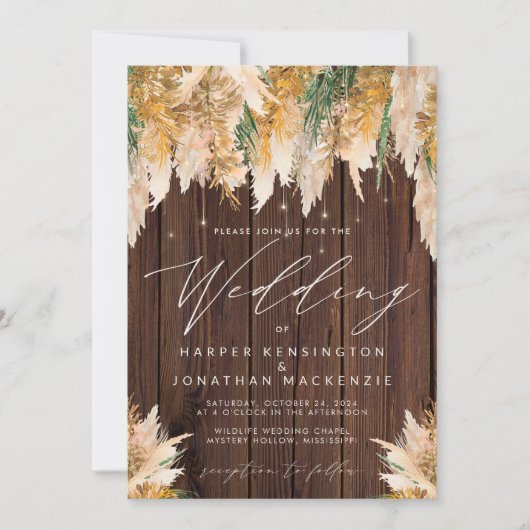 Boho Pampas Grass Wood Twinkle Weddenschap Kaart (Voorkant)