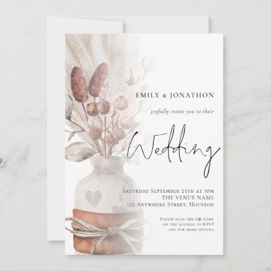 Boho Pampas Grasses Overlay QR Code Weddenschap Kaart (Voorkant)