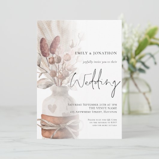 Boho Pampas Grasses Overlay QR Code Weddenschap Kaart (Staand voorkant)