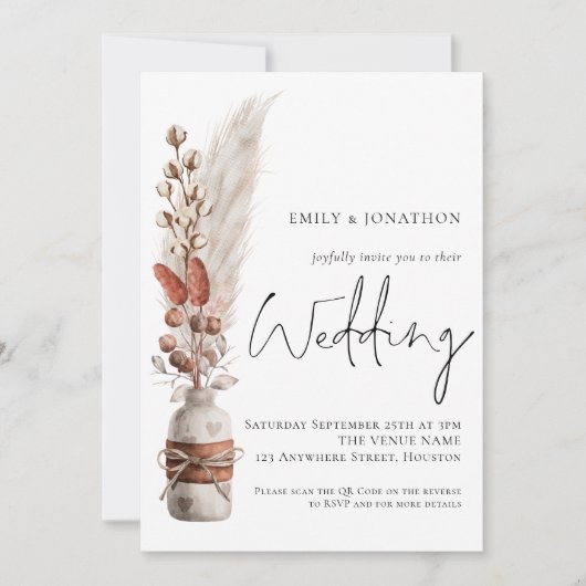 Boho Pampas Grasses QR Code Weddenschap Kaart (Voorkant)
