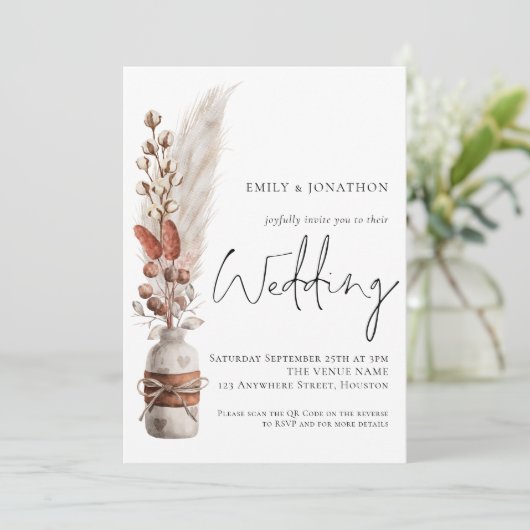 Boho Pampas Grasses QR Code Weddenschap Kaart (Staand voorkant)