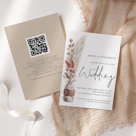 Boho Pampas Grasses QR Code Weddenschap Kaart
