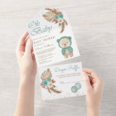 Boho Pampas Green Floral Teddy Bear Baby shower All In One Uitnodiging (Afscheurbaar)