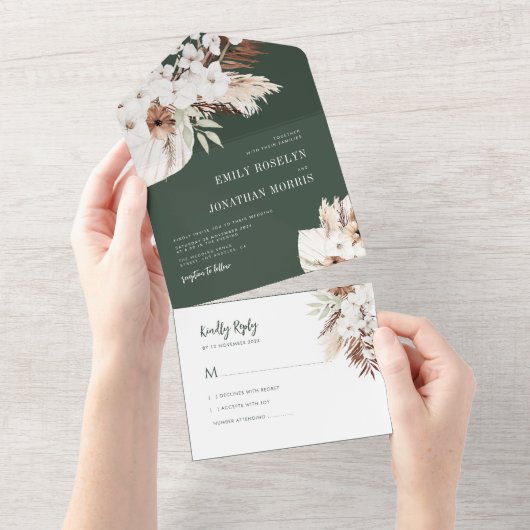 boho pampas greenery bruiloft in één uitnodiging (Afscheurbaar)