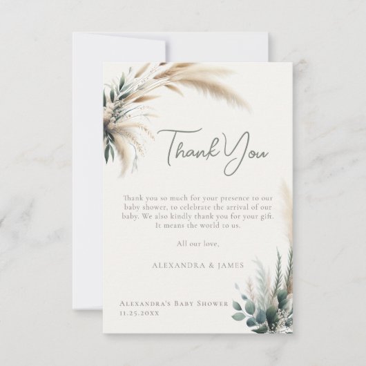 Boho Pampas Greenery Sage Calligrafie Baby shower Bedankkaart (Voorkant)
