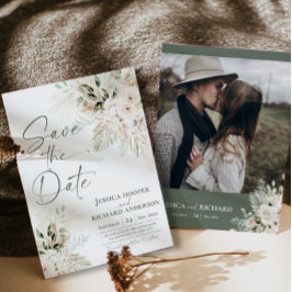 Boho Pampas Groene Bloemen Save the Date Kaart