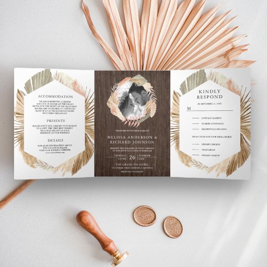 Boho Pampas Krans Gedroogd Palmhout 3 in 1 Bruilof Drieluik Uitnodiging