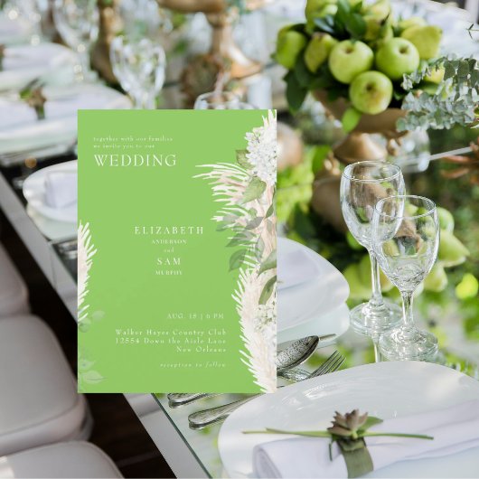Boho Pampas Lime Groen Witte Hydrangea Bruiloft Kaart