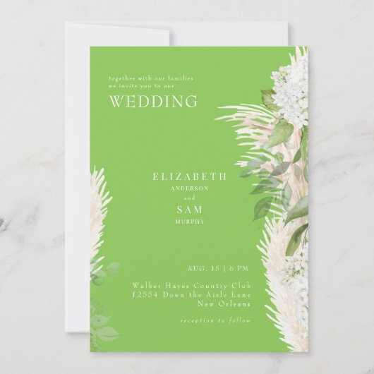 Boho Pampas Lime Groene Witte Hydrangea Huwelijk Kaart (Voorkant)