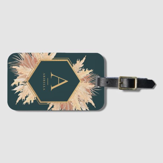 Boho Pampas met Gold Lijst Monogram Bagagelabel (Voorkant (horizontaal))