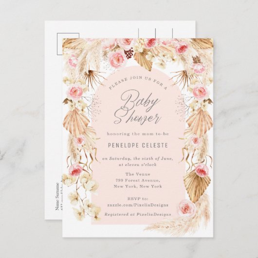 Boho pampas met roze bloemenboog baby shower invi uitnodiging briefkaart (Voorkant / Achterkant)
