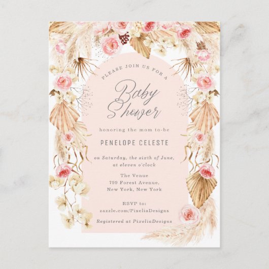 Boho pampas met roze bloemenboog baby shower invi uitnodiging briefkaart (Voorkant)