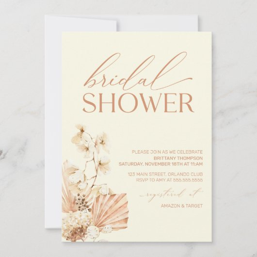Boho Pampas Modern Bridal Shower floral Invitation Kaart (Voorkant)
