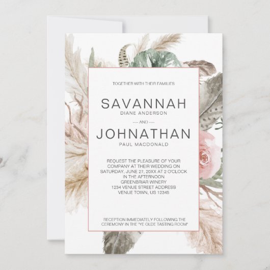 Boho Pampas, Monstera, Tropische veren Bloemen Kaart (Voorkant)