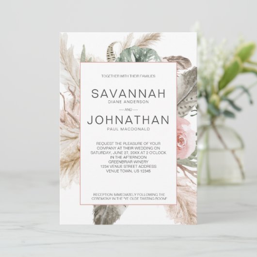 Boho Pampas, Monstera, Tropische veren Bloemen Kaart (Staand voorkant)