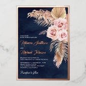 Boho Pampas Navy Blue Dusty Pink Wedding Roos Gold Folie Uitnodiging (Voorkant)