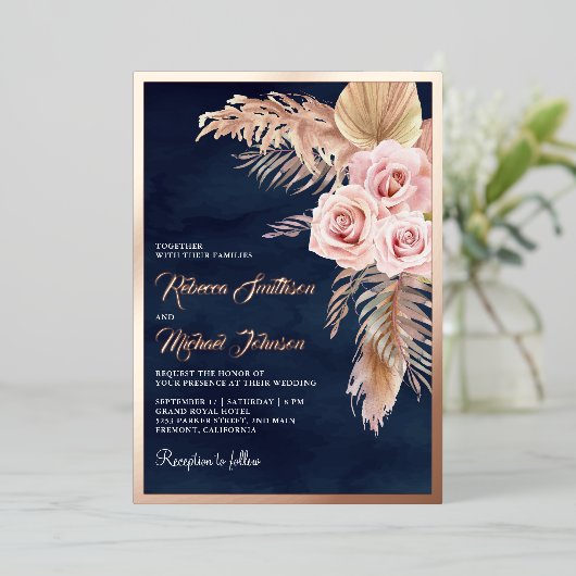 Boho Pampas Navy Blue Dusty Pink Wedding Roos Gold Folie Uitnodiging (Staand Voorkant)