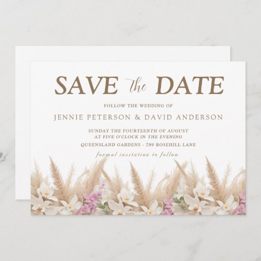 Boho Pampas & Orchidee Save the Date Kaart Wedding (Voorkant / Achterkant)
