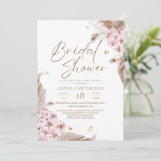 Boho Pampas Orchidee Trouwfeest Uitnodiging (Staand voorkant)