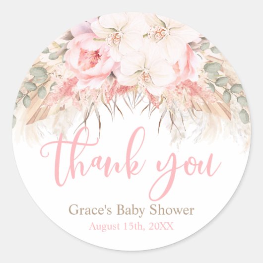 Boho Pampas Orchids Pioenrozen Dank u Baby shower Ronde Sticker (Voorkant)