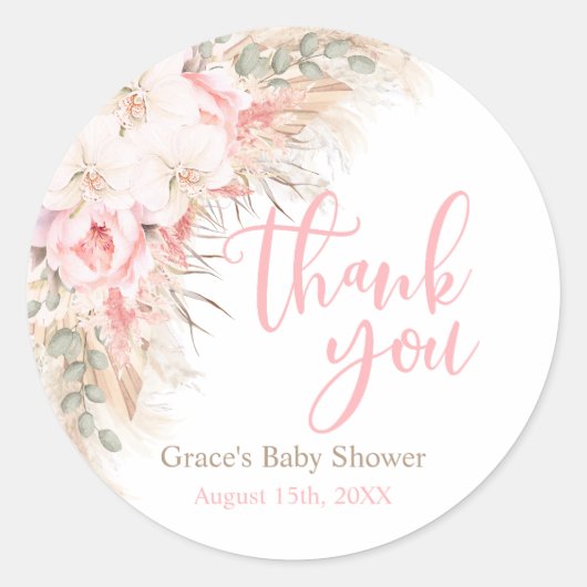 Boho Pampas Orchids Pioenrozen Dank u Baby shower Ronde Sticker (Voorkant)