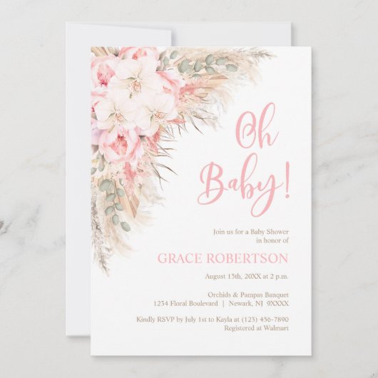 Boho Pampas Orchids Pioenrozen Meisje Oh Baby show Kaart (Voorkant)