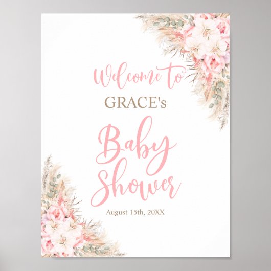 Boho Pampas Orchids Pioenrozen Welkom Baby shower Poster (Voorkant)