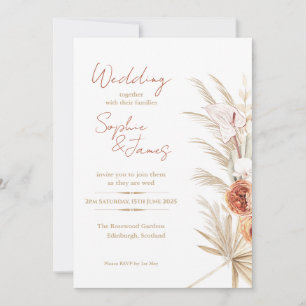 Boho Pampas Perzik Roos Tropische Palm Trouwdag Kaart