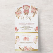 Boho Pampas Pink Floral Teddy Bear Baby shower All In One Uitnodiging (Binnen)