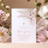 Boho Pampas Pink Girl Floral Baptism Christening Kaart