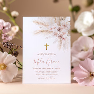 Boho Pampas Pink Girl Floral Baptism Christening Kaart