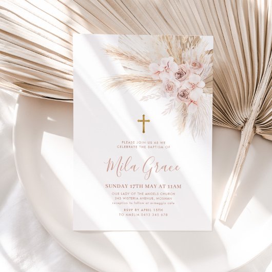 Boho Pampas Pink Girl Floral Baptism Christening Kaart