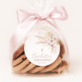 Boho Pampas Pink Girl Floral Baptism Christening Ronde Sticker