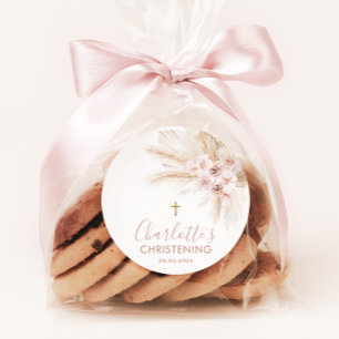 Boho Pampas Pink Girl Floral Baptism Christening Ronde Sticker