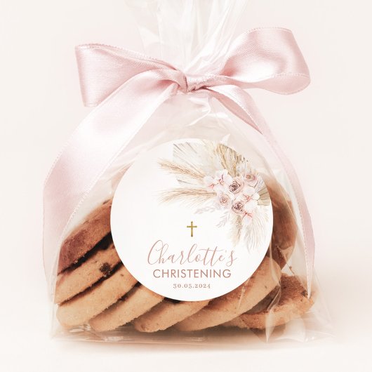 Boho Pampas Pink Girl Floral Baptism Christening Ronde Sticker