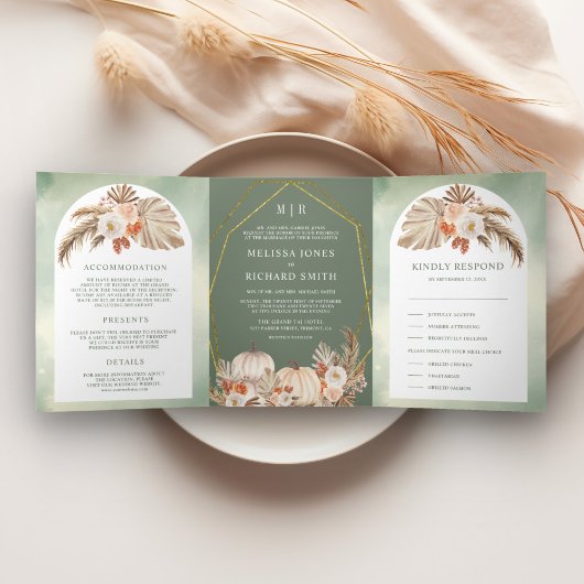 Boho Pampas Pompoen Bloem Sage Groen Herfst Bruilo Drieluik Uitnodiging