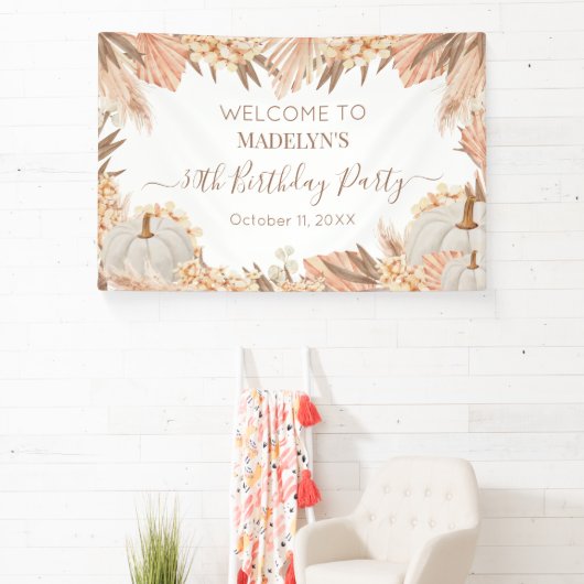 Boho Pampas Pumpkin birthday party Welcome banner (Insitu)