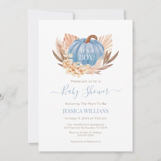 Boho Pampas Pumpkin blue baby shower Kaart (Voorkant)